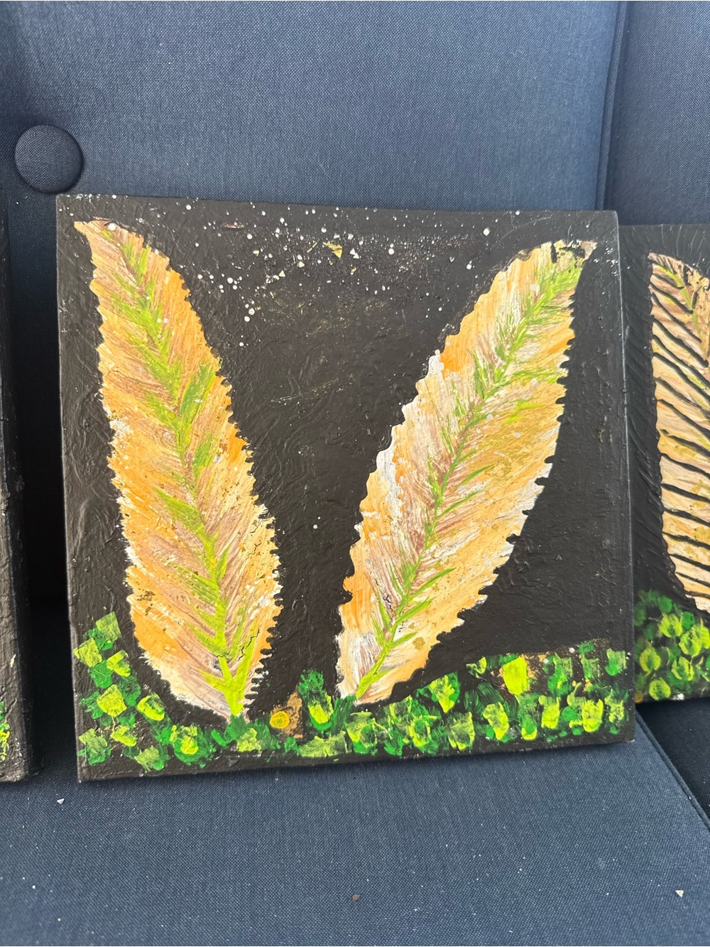 Hand-Painted Gold and Green Feather Canvas Art
